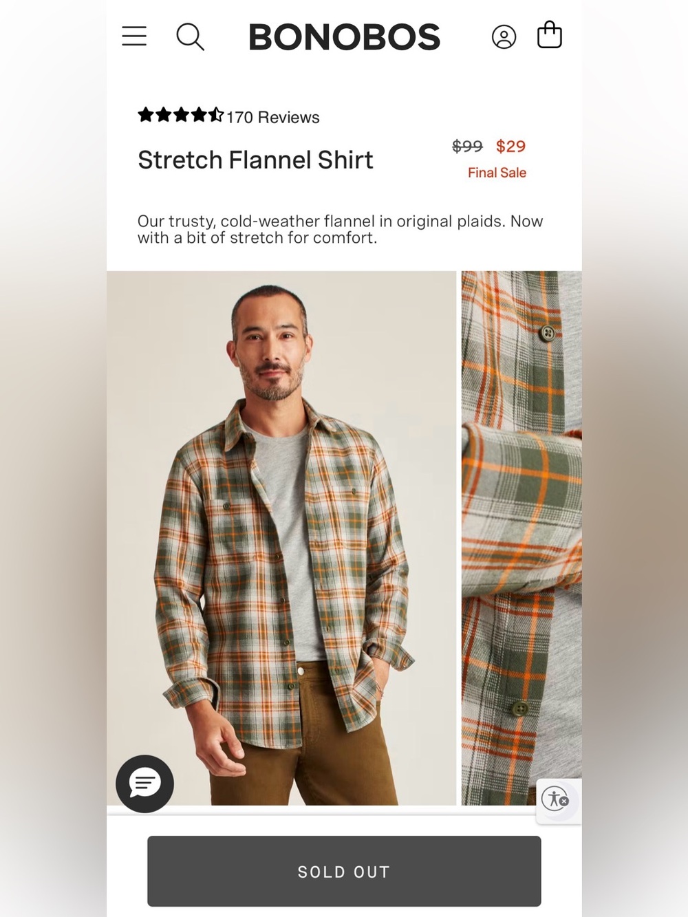 BONOBOS STRETCH FLANNEL SHIRT, SIZE LARGE